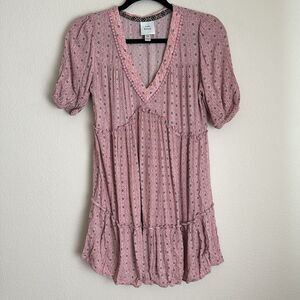 Knox Rose Tiered Mini Dress XS Pink Puff Sleeve V Neck‎ Sundress Boho Trendy